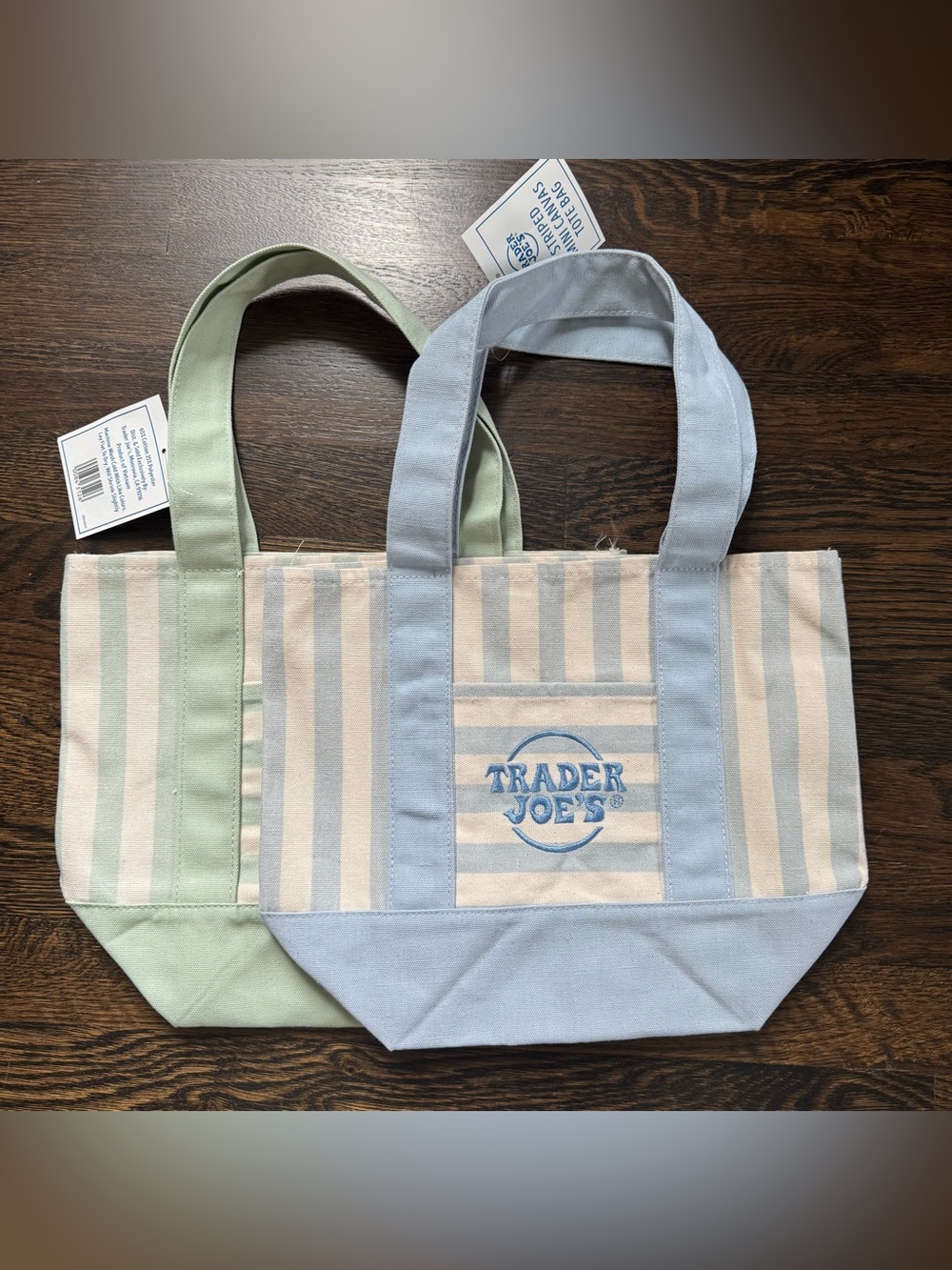 NWT Trader Joe’s blue and green pastel stripe canvas mini tote bags (set of 2)